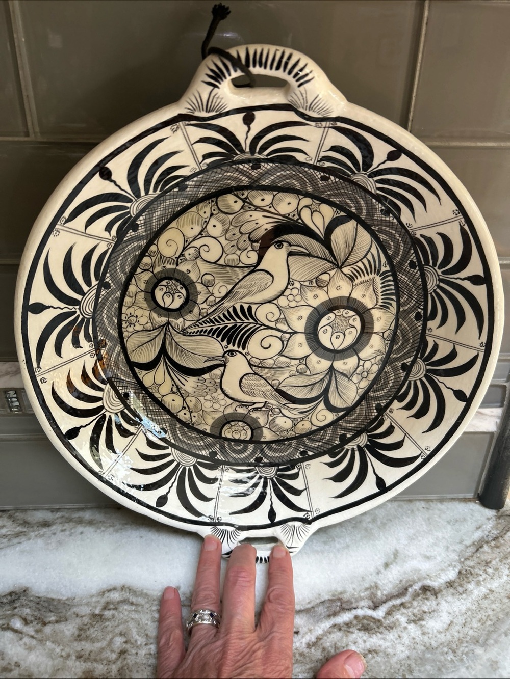 HandPainted Clay Pottery Art or Wall Display Platter  Mexico Black & White Birds